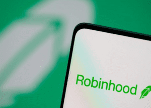 Smartphone displays the Robinhood app logo, with a green background.