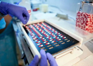 Hands organizing pills in a tray with gloves on.