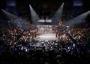 A crowded arena with a spotlighted wrestling ring at center.
