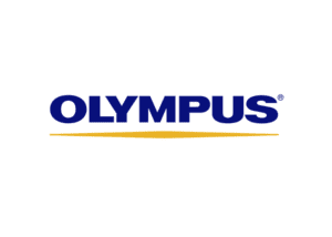 Olympus logo with blue text and a yellow underline.