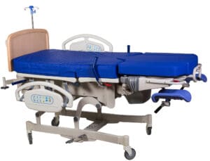 A modern hospital bed with adjustable features and blue mattress.