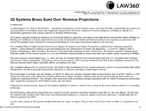 Article about 3D Systems sued over revenue projection issues.
