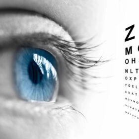 A blue color eye looking at the alphabet
