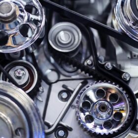 Close-up of car engine pulleys and belt