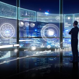 Person viewing futuristic holographic data displays