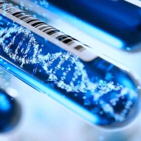 DNA illustration on a blue bottle
